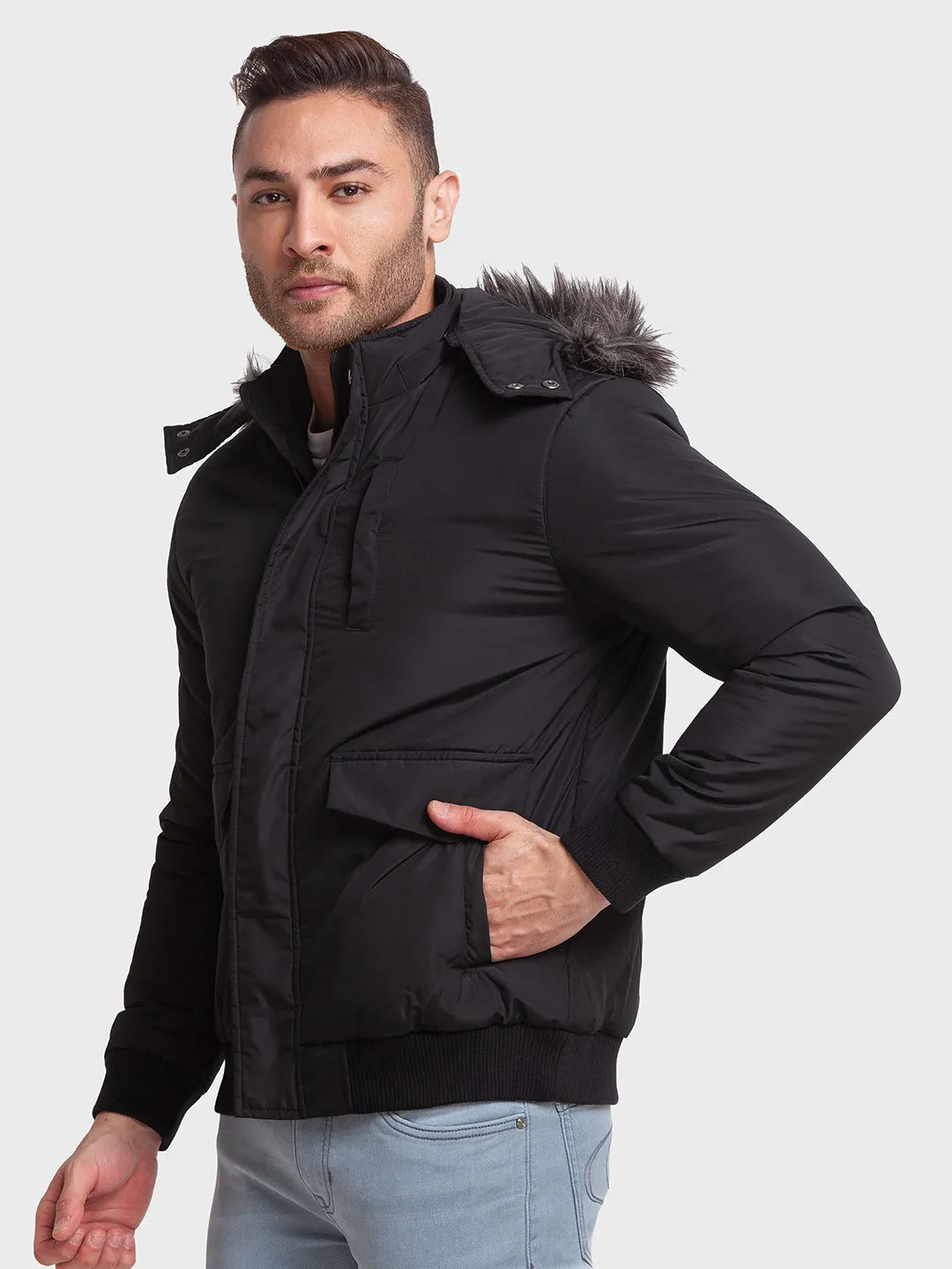 Men Black Tailored Fit Solid Polyester Full Sleeve Jackets