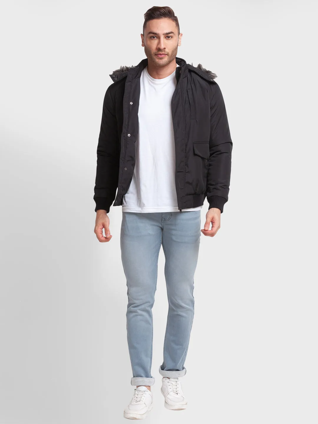 Men Black Tailored Fit Solid Polyester Full Sleeve Jackets