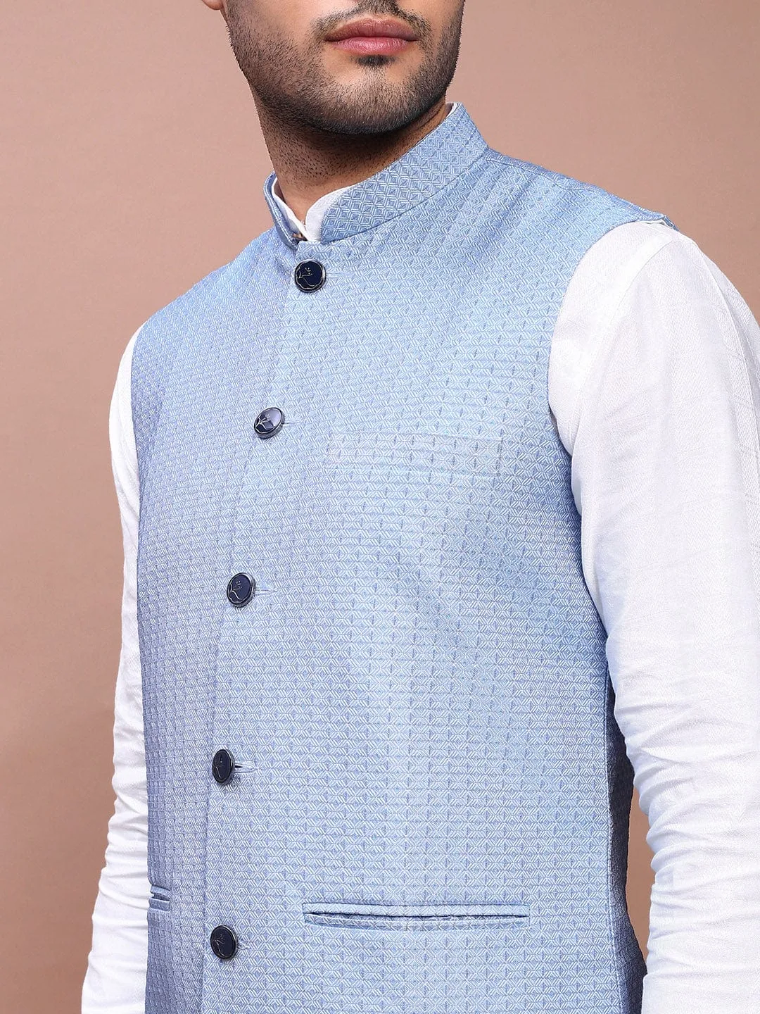 Men Blue Woven Design Slim Fit Nehru Jackets