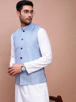 Men Blue Woven Design Slim Fit Nehru Jackets