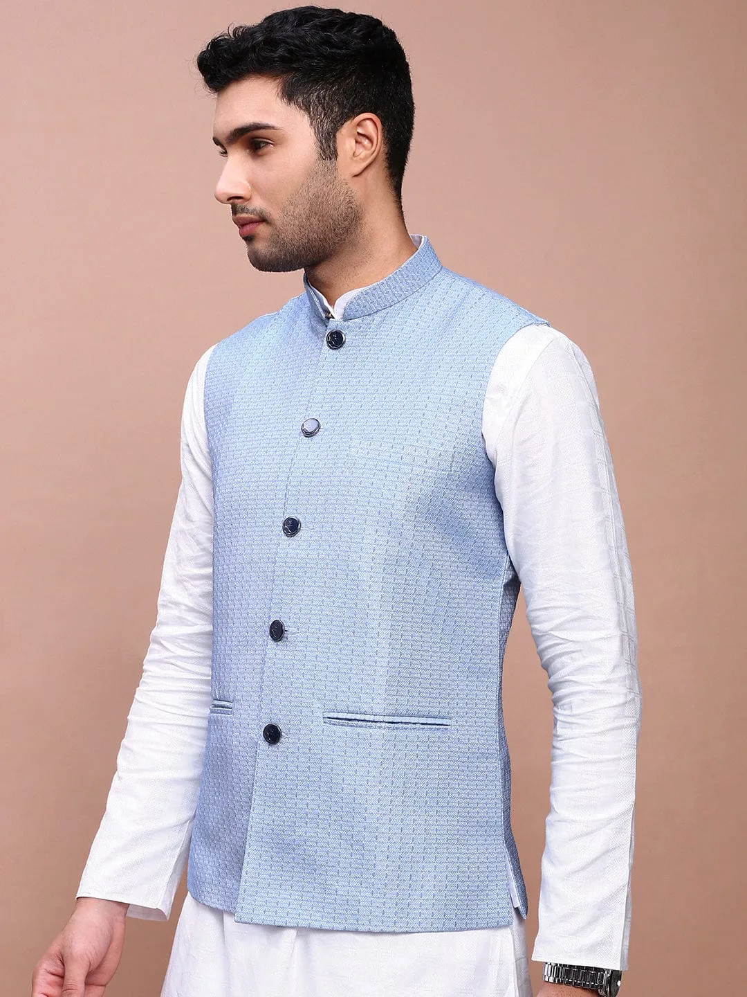 Men Blue Woven Design Slim Fit Nehru Jackets