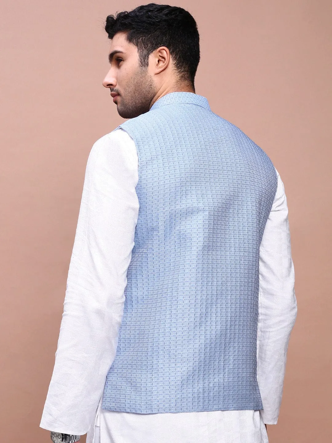 Men Blue Woven Design Slim Fit Nehru Jackets