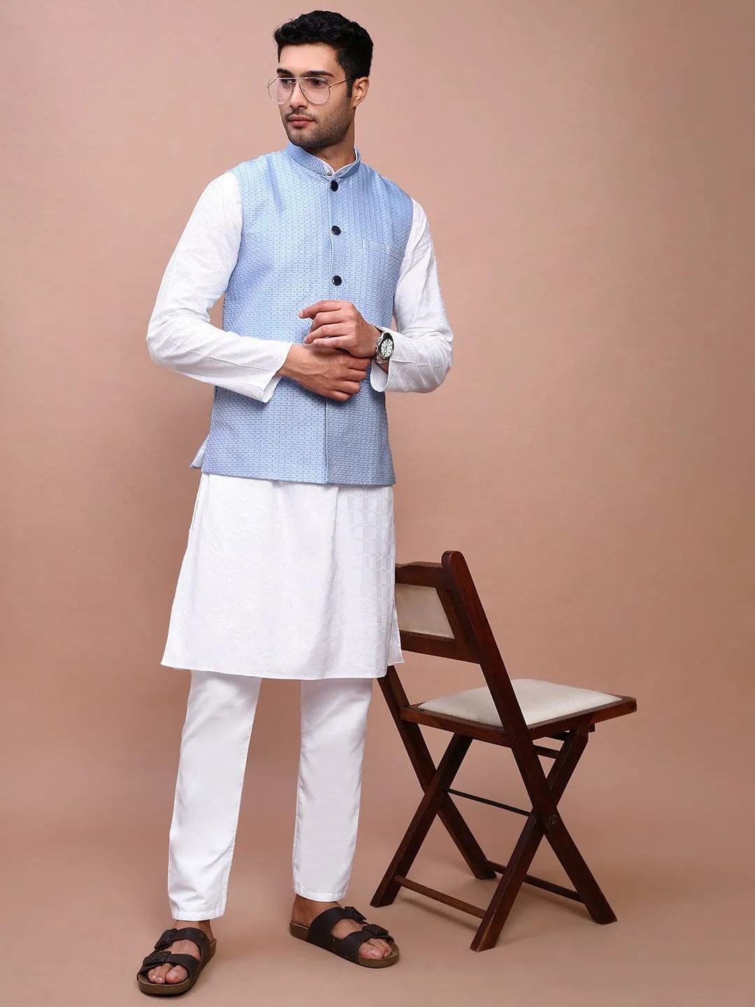 Men Blue Woven Design Slim Fit Nehru Jackets