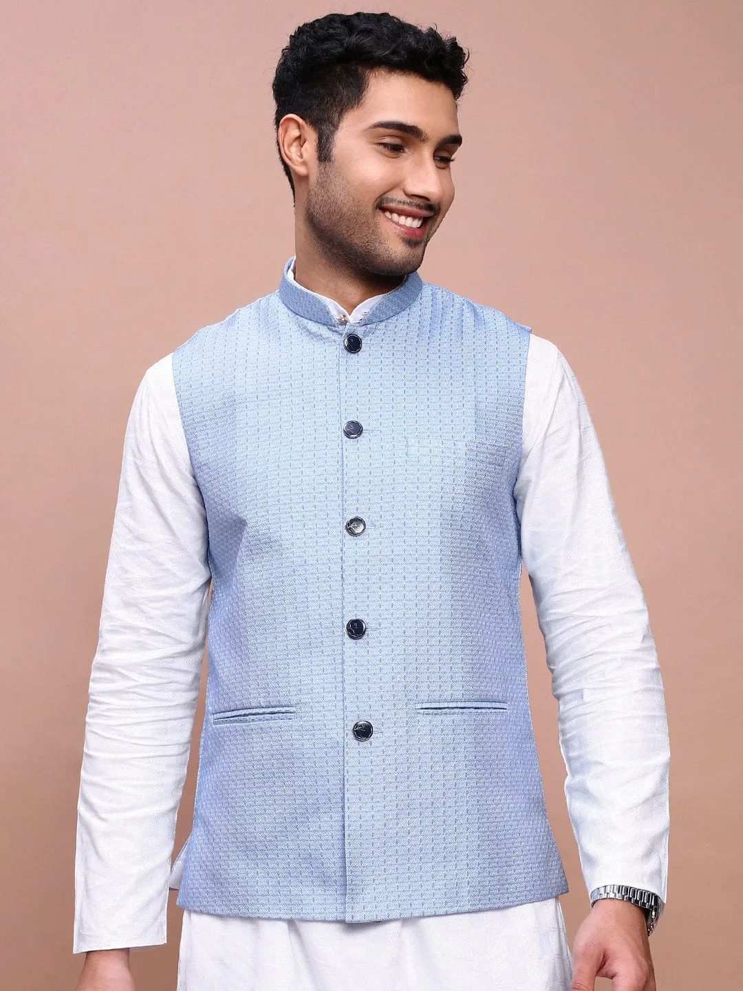 Men Blue Woven Design Slim Fit Nehru Jackets