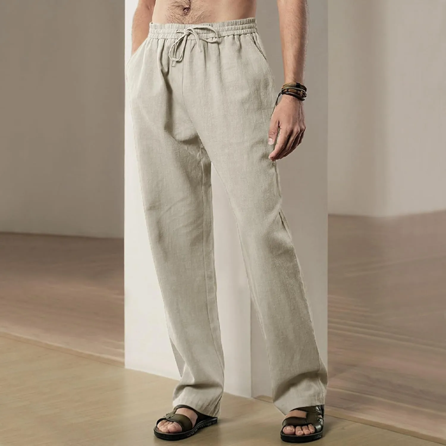 Mens Casual Linen Pants Workout Athletic Joggers Loose and Light Trousers Lightweight Pant Leisure and Daily Wear