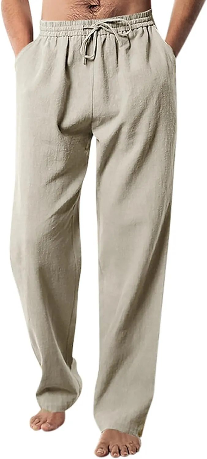 Mens Casual Linen Pants Workout Athletic Joggers Loose and Light Trousers Lightweight Pant Leisure and Daily Wear