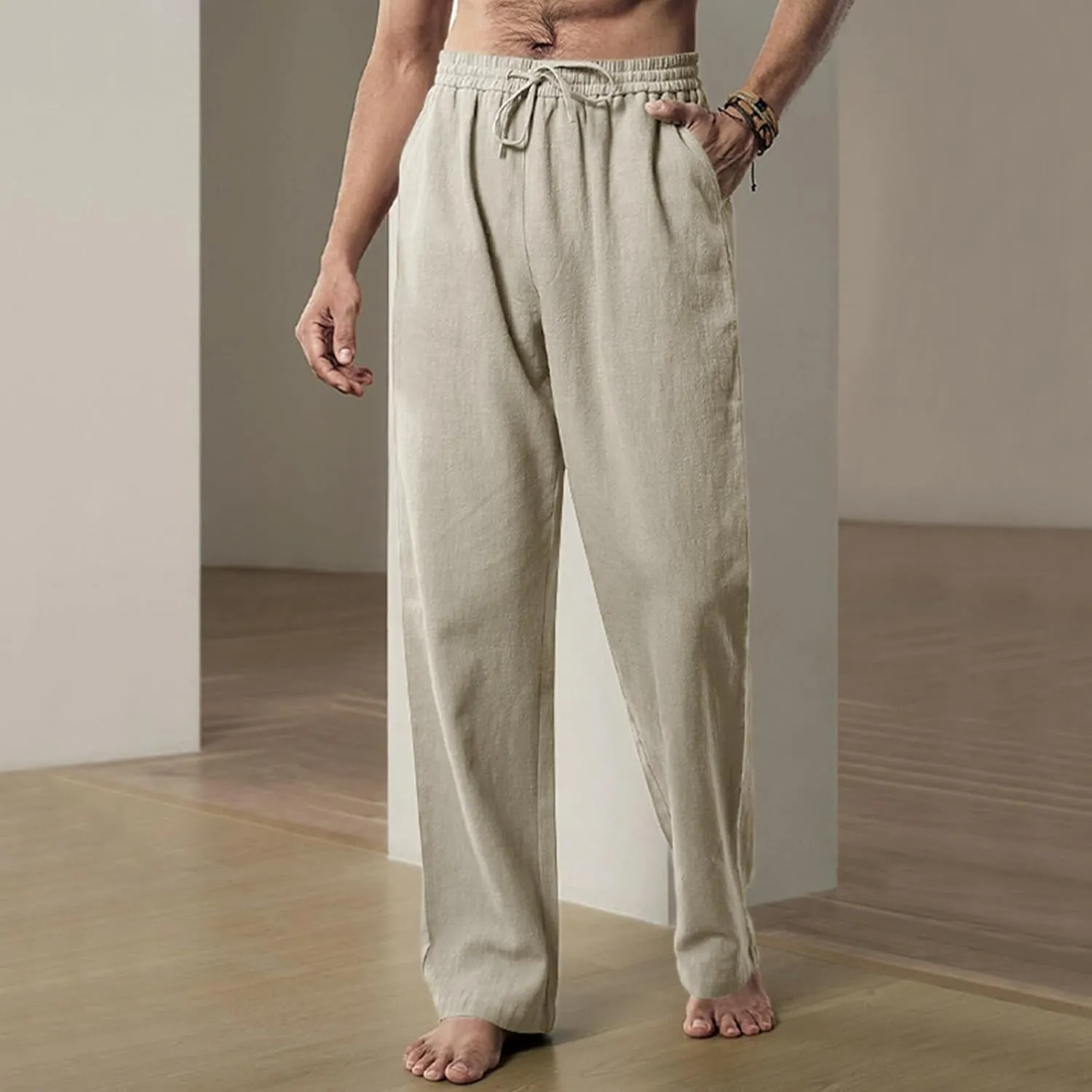 Mens Casual Linen Pants Workout Athletic Joggers Loose and Light Trousers Lightweight Pant Leisure and Daily Wear