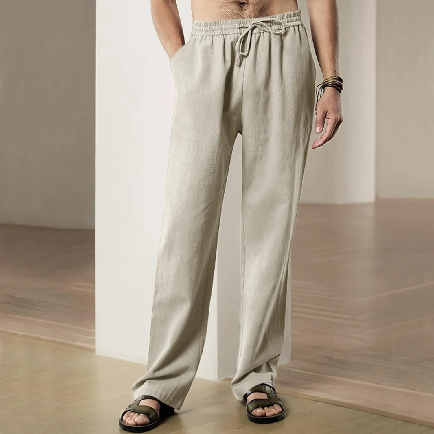 Mens Casual Linen Pants Workout Athletic Joggers Loose and Light Trousers Lightweight Pant Leisure and Daily Wear