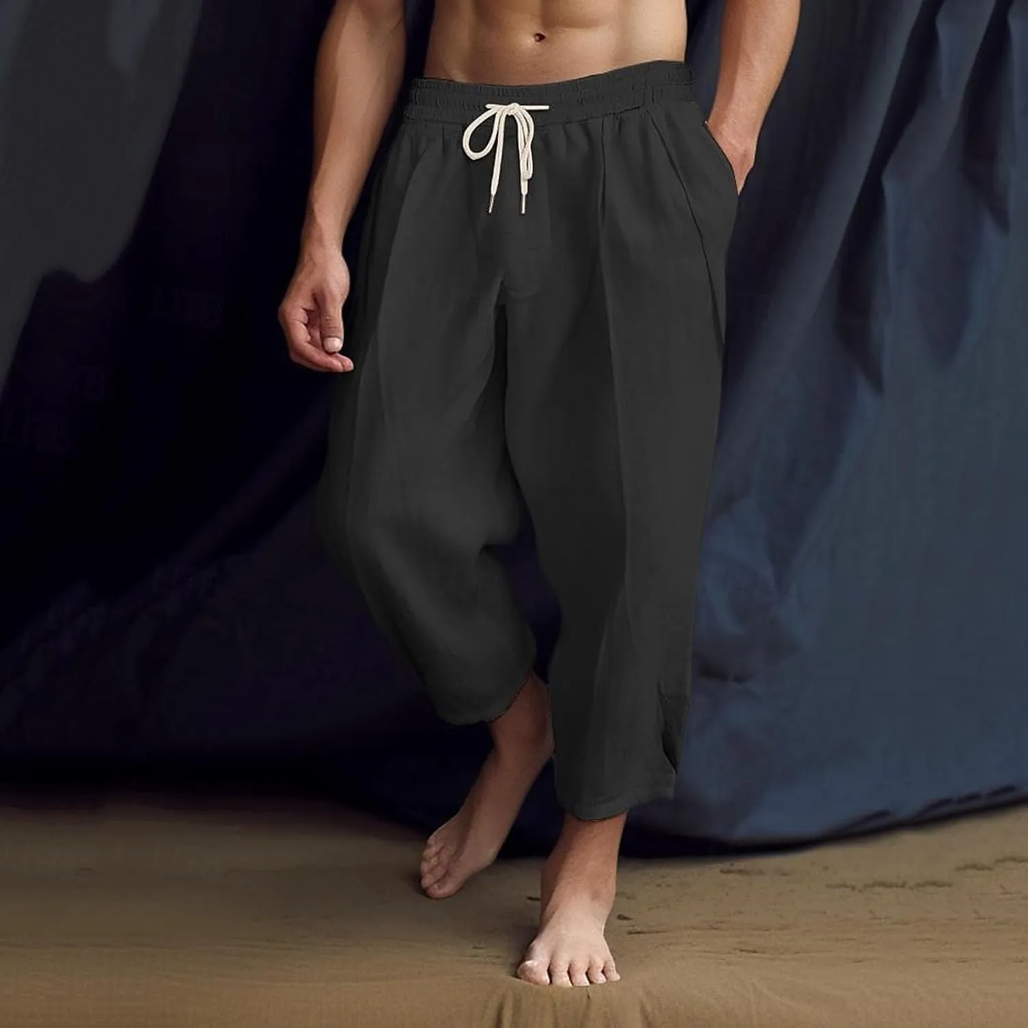 Mens Linen Pants Lightweight Loose and Light Running Workout Gym Track Pants Multi-Pocket Summer Beach Yoga Trousers
