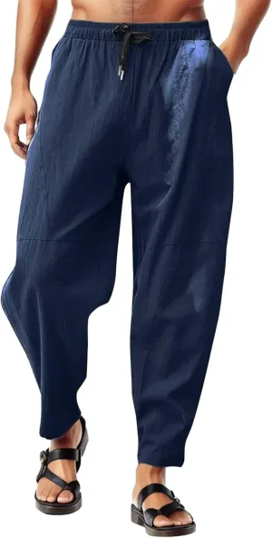 Mens Linen Pants Lightweight Loose and Light Running Workout Gym Track Pants Multi-Pocket Summer Beach Yoga Trousers