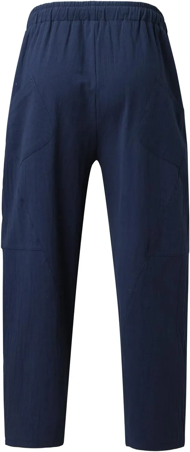 Mens Linen Pants Lightweight Loose and Light Running Workout Gym Track Pants Multi-Pocket Summer Beach Yoga Trousers