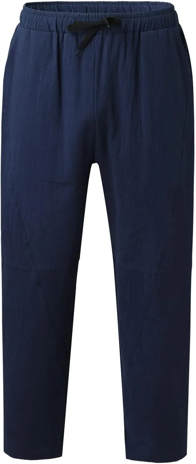 Mens Linen Pants Lightweight Loose and Light Running Workout Gym Track Pants Multi-Pocket Summer Beach Yoga Trousers