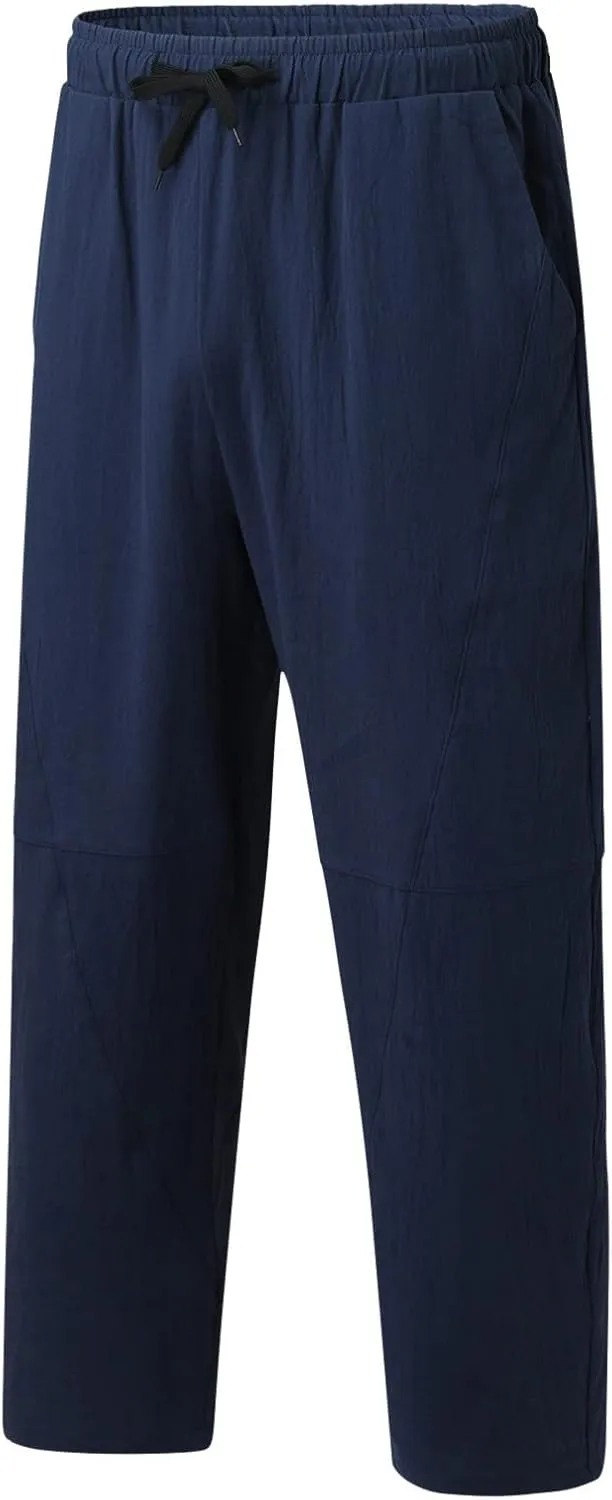 Mens Linen Pants Lightweight Loose and Light Running Workout Gym Track Pants Multi-Pocket Summer Beach Yoga Trousers