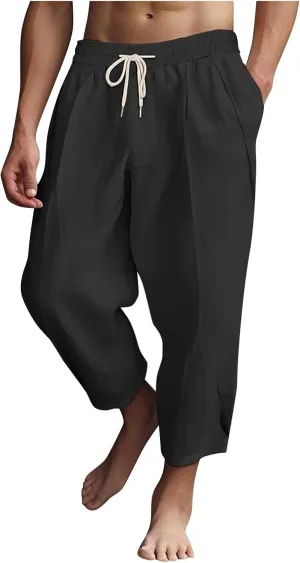 Mens Linen Pants Lightweight Loose and Light Running Workout Gym Track Pants Multi-Pocket Summer Beach Yoga Trousers