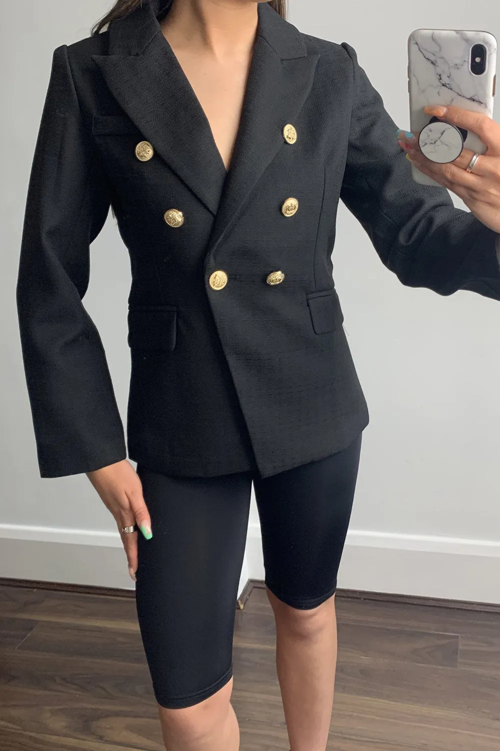 Molly Black Button Detail Textured Tailored Blazer