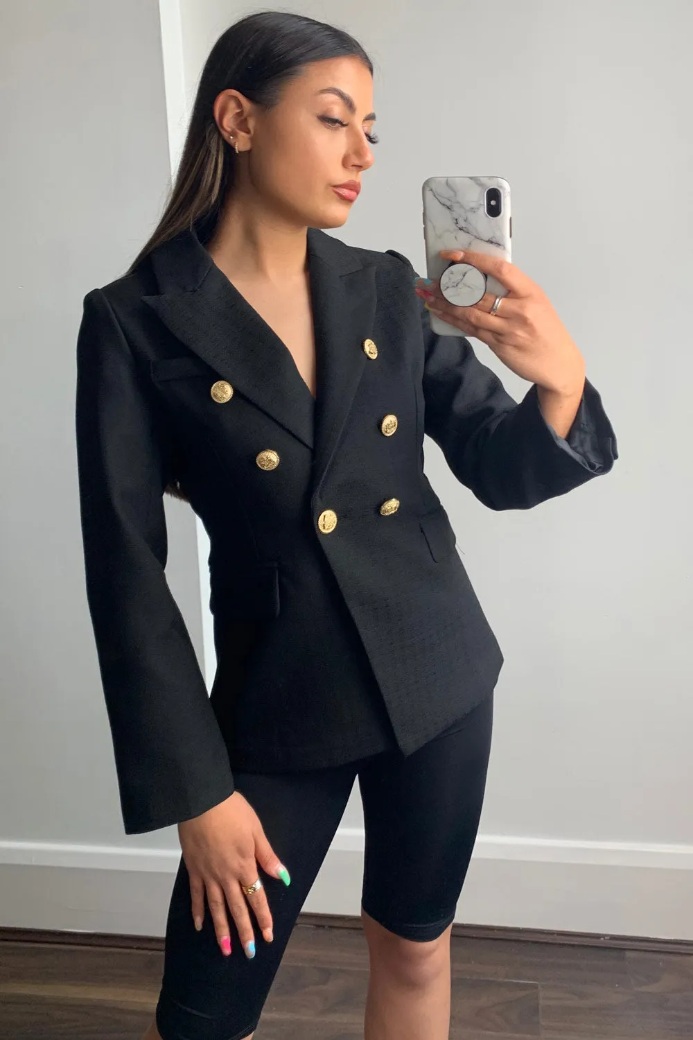 Molly Black Button Detail Textured Tailored Blazer
