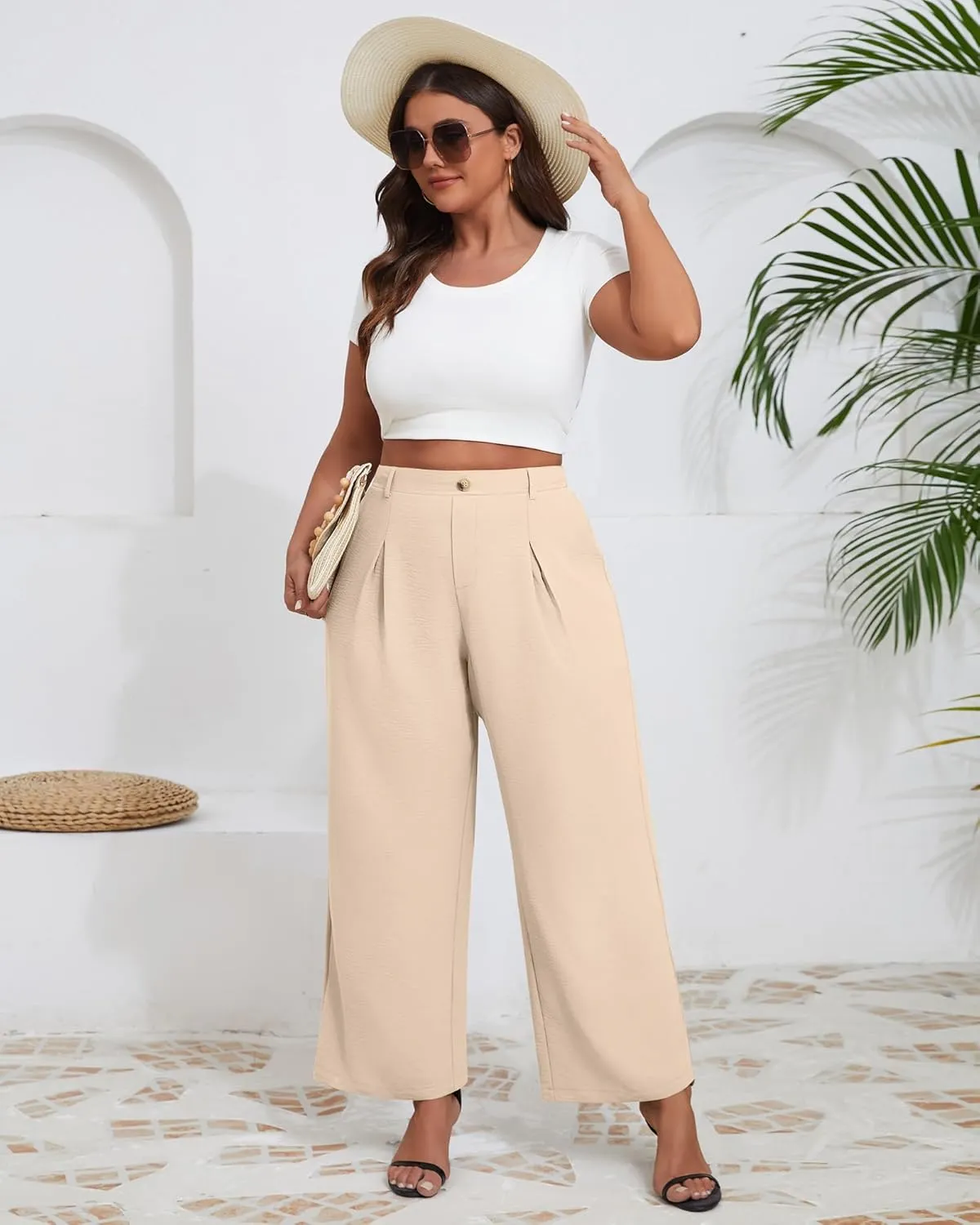 Neer Women's Plus Size Wide Leg Pants, Elastic High Waist Palazzo Pants Casual Business Trousers with Pockets