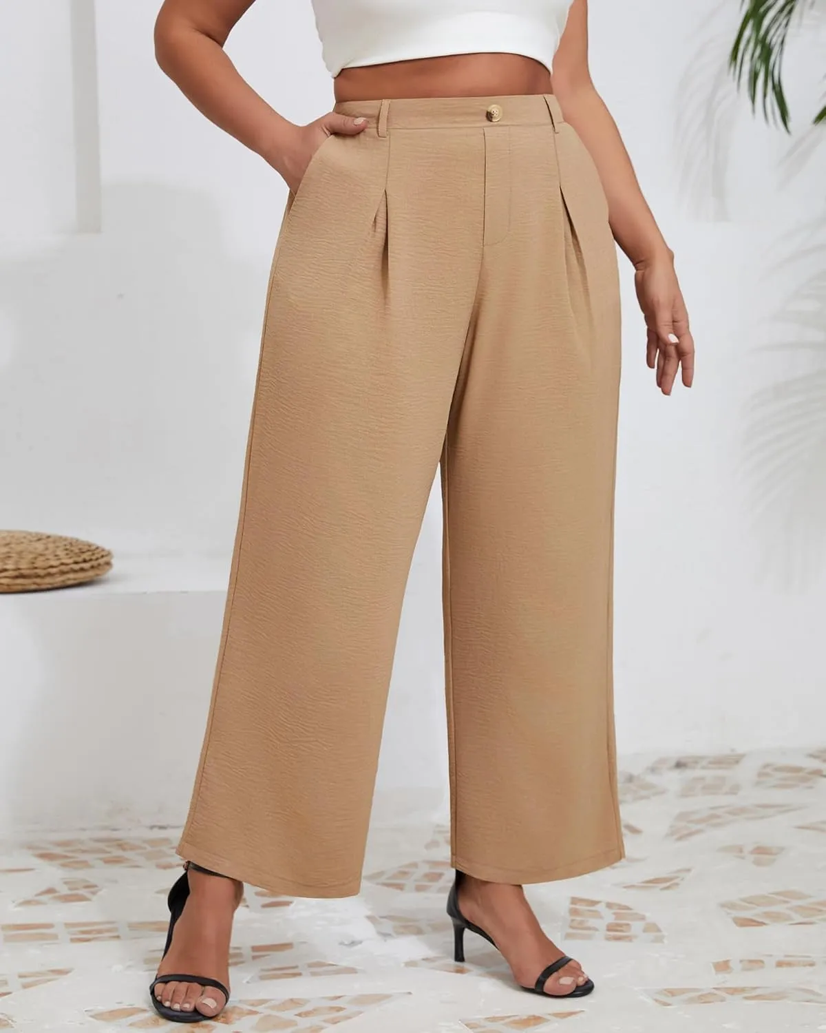Neer Women's Plus Size Wide Leg Pants, Elastic High Waist Palazzo Pants Casual Business Trousers with Pockets