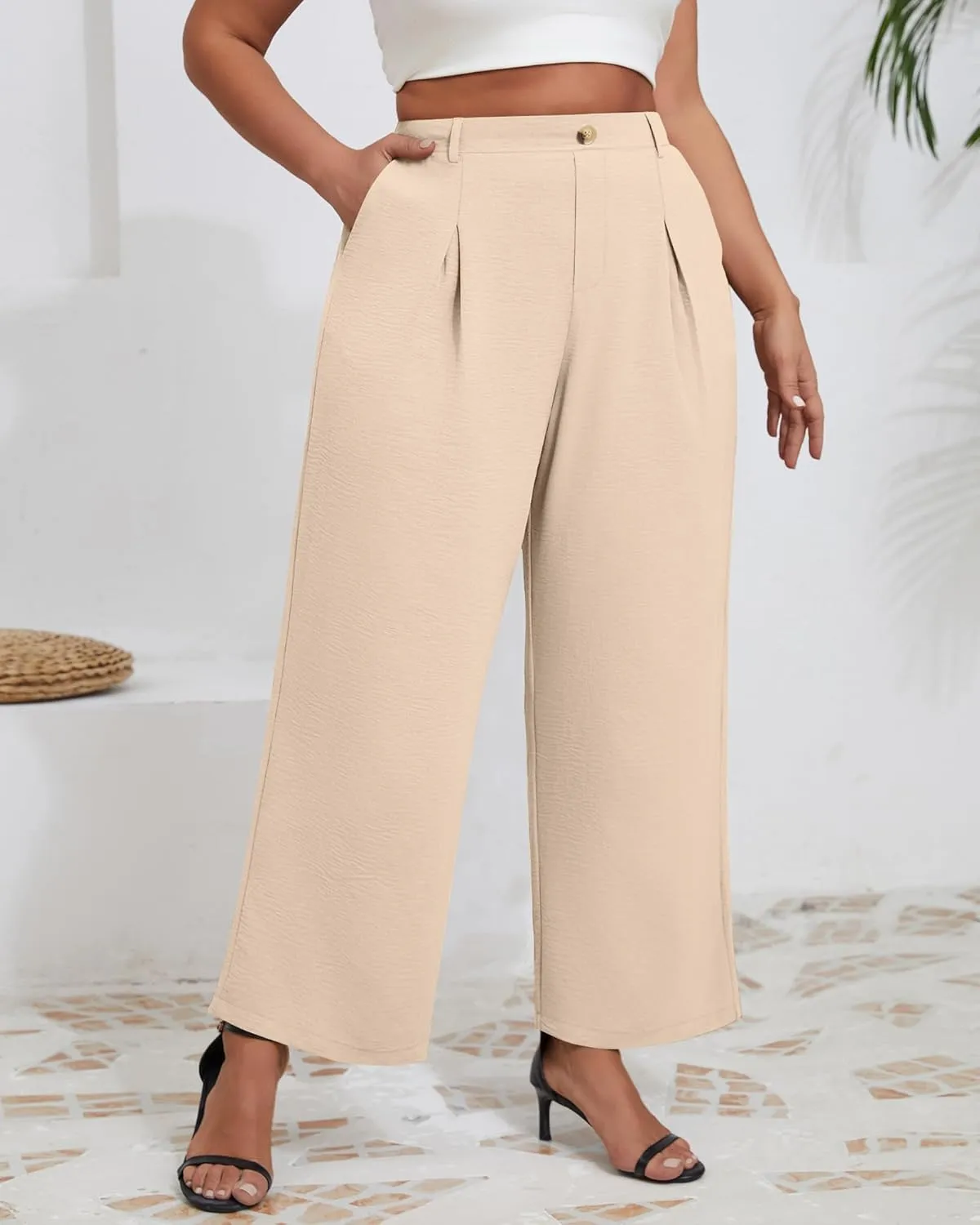 Neer Women's Plus Size Wide Leg Pants, Elastic High Waist Palazzo Pants Casual Business Trousers with Pockets