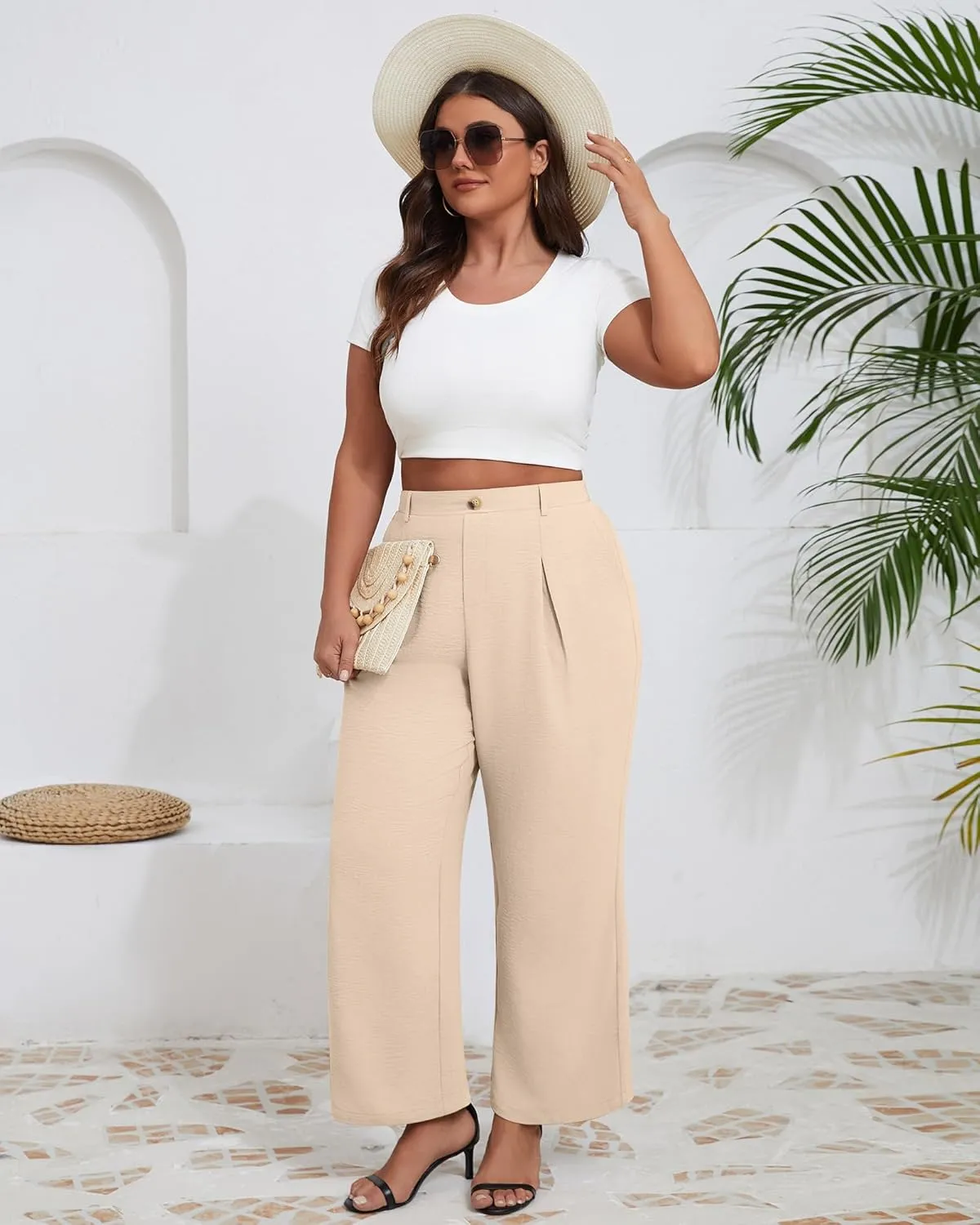 Neer Women's Plus Size Wide Leg Pants, Elastic High Waist Palazzo Pants Casual Business Trousers with Pockets