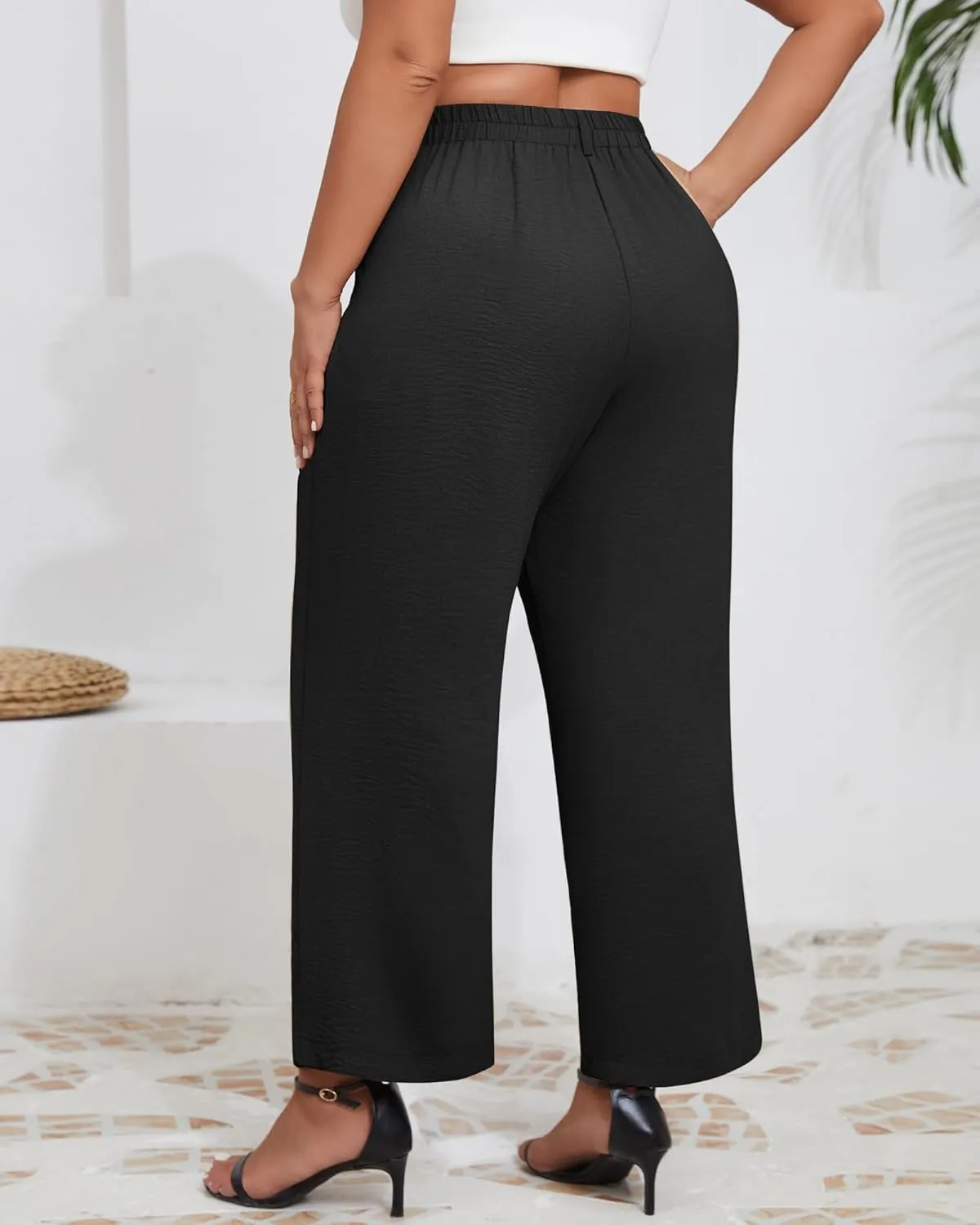 Neer Women's Plus Size Wide Leg Pants, Elastic High Waist Palazzo Pants Casual Business Trousers with Pockets