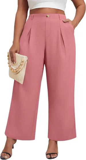 Neer Women's Plus Size Wide Leg Pants, Elastic High Waist Palazzo Pants Casual Business Trousers with Pockets