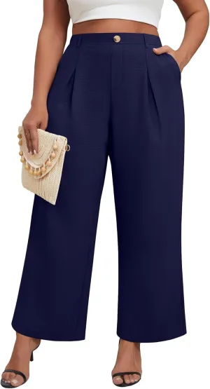 Neer Women's Plus Size Wide Leg Pants, Elastic High Waist Palazzo Pants Casual Business Trousers with Pockets