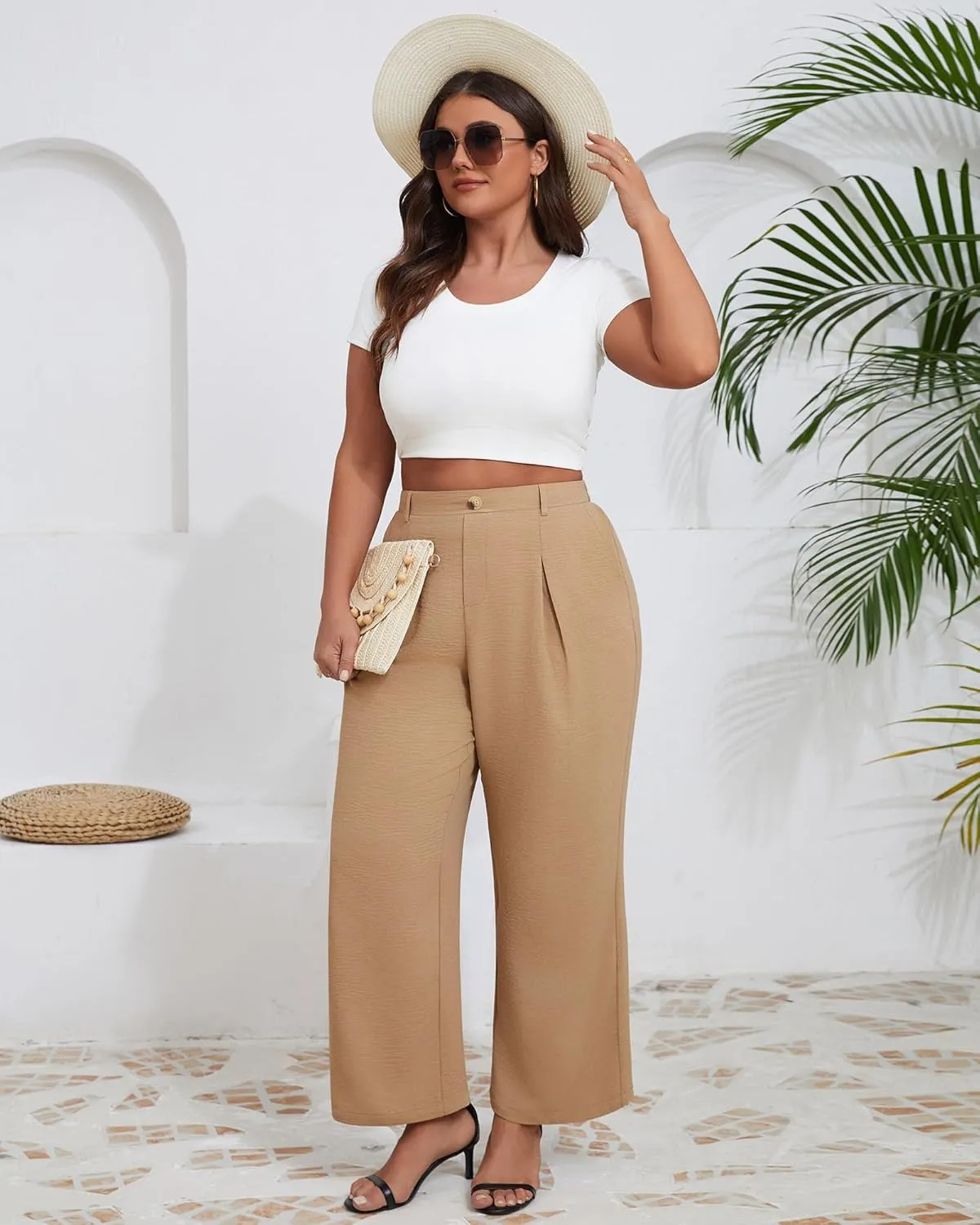 Neer Women's Plus Size Wide Leg Pants, Elastic High Waist Palazzo Pants Casual Business Trousers with Pockets