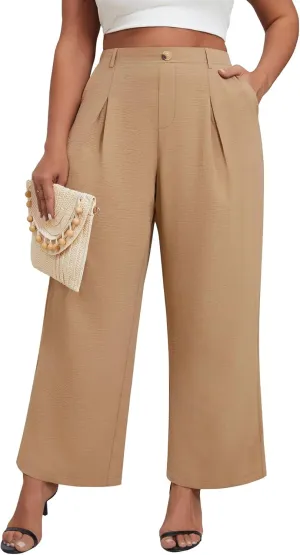 Neer Women's Plus Size Wide Leg Pants, Elastic High Waist Palazzo Pants Casual Business Trousers with Pockets