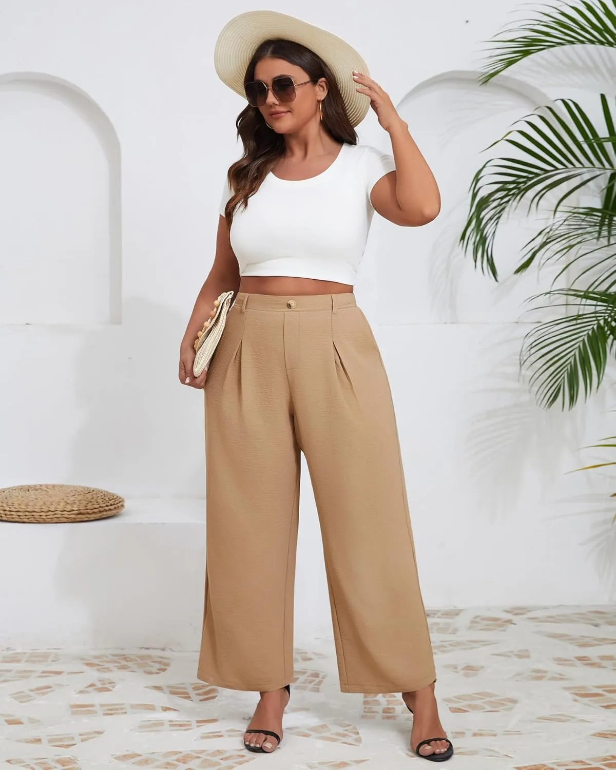 Neer Women's Plus Size Wide Leg Pants, Elastic High Waist Palazzo Pants Casual Business Trousers with Pockets