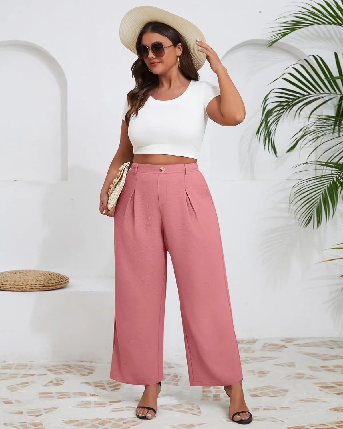 Neer Women's Plus Size Wide Leg Pants, Elastic High Waist Palazzo Pants Casual Business Trousers with Pockets