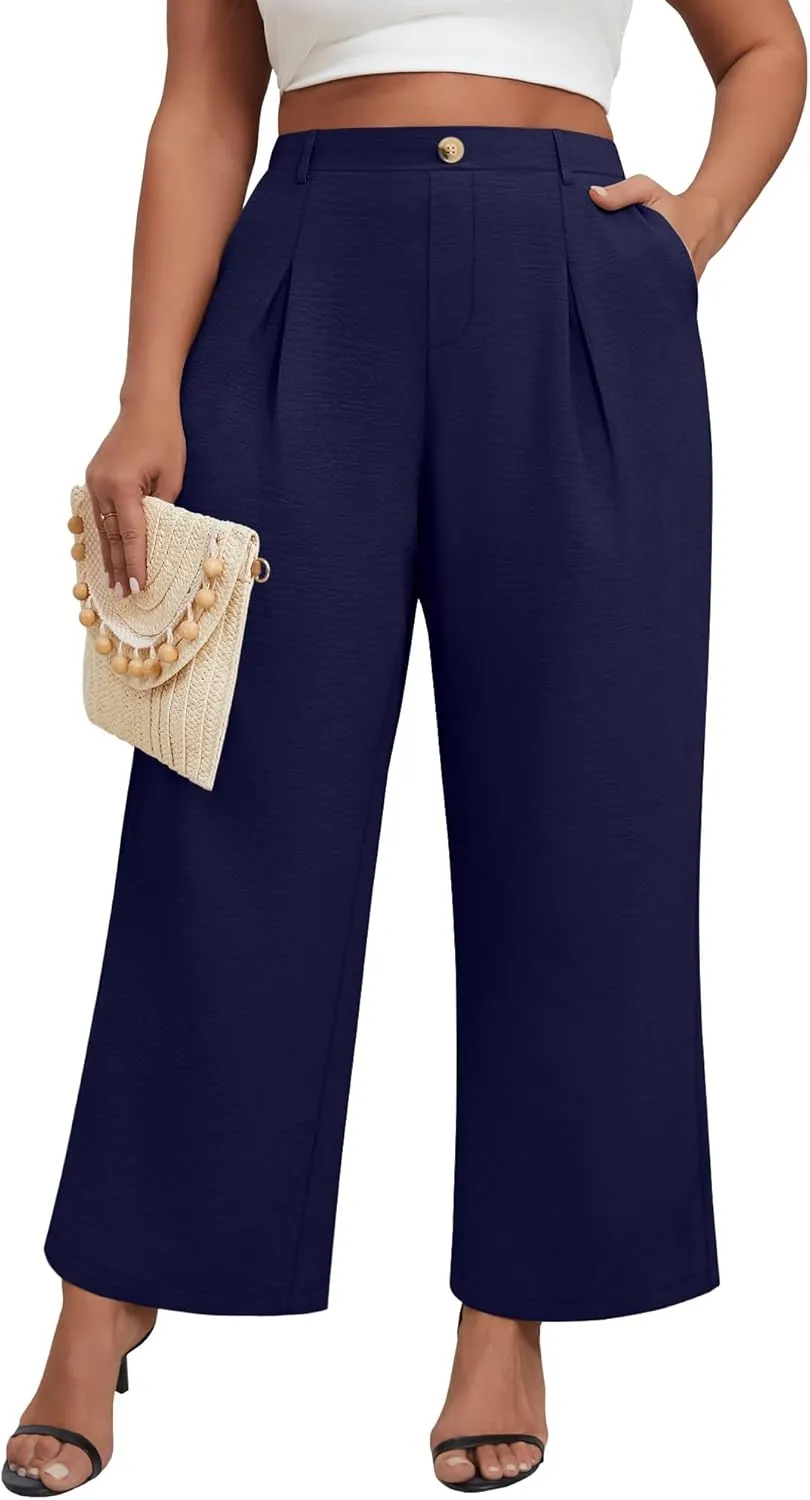 Neer Women's Plus Size Wide Leg Pants, Elastic High Waist Palazzo Pants Casual Business Trousers with Pockets