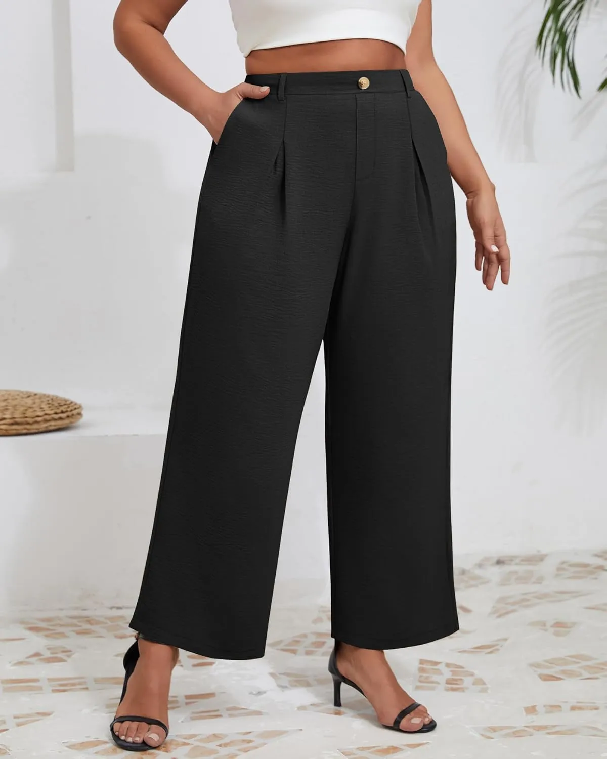 Neer Women's Plus Size Wide Leg Pants, Elastic High Waist Palazzo Pants Casual Business Trousers with Pockets