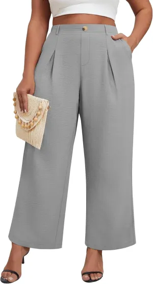 Neer Women's Plus Size Wide Leg Pants, Elastic High Waist Palazzo Pants Casual Business Trousers with Pockets