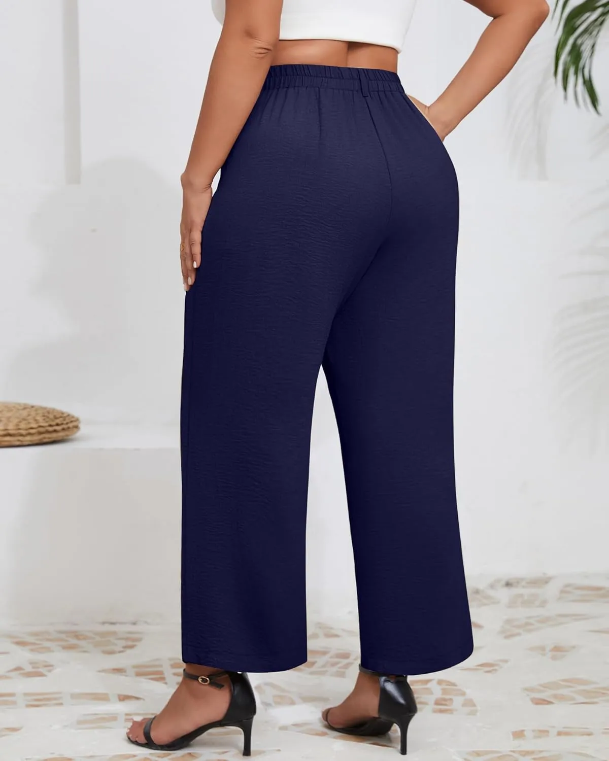 Neer Women's Plus Size Wide Leg Pants, Elastic High Waist Palazzo Pants Casual Business Trousers with Pockets