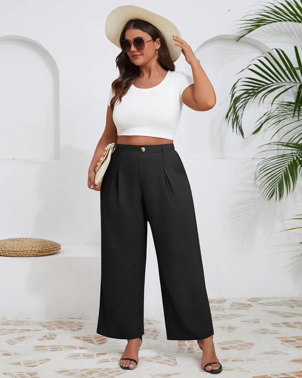 Neer Women's Plus Size Wide Leg Pants, Elastic High Waist Palazzo Pants Casual Business Trousers with Pockets