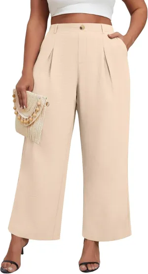 Neer Women's Plus Size Wide Leg Pants, Elastic High Waist Palazzo Pants Casual Business Trousers with Pockets