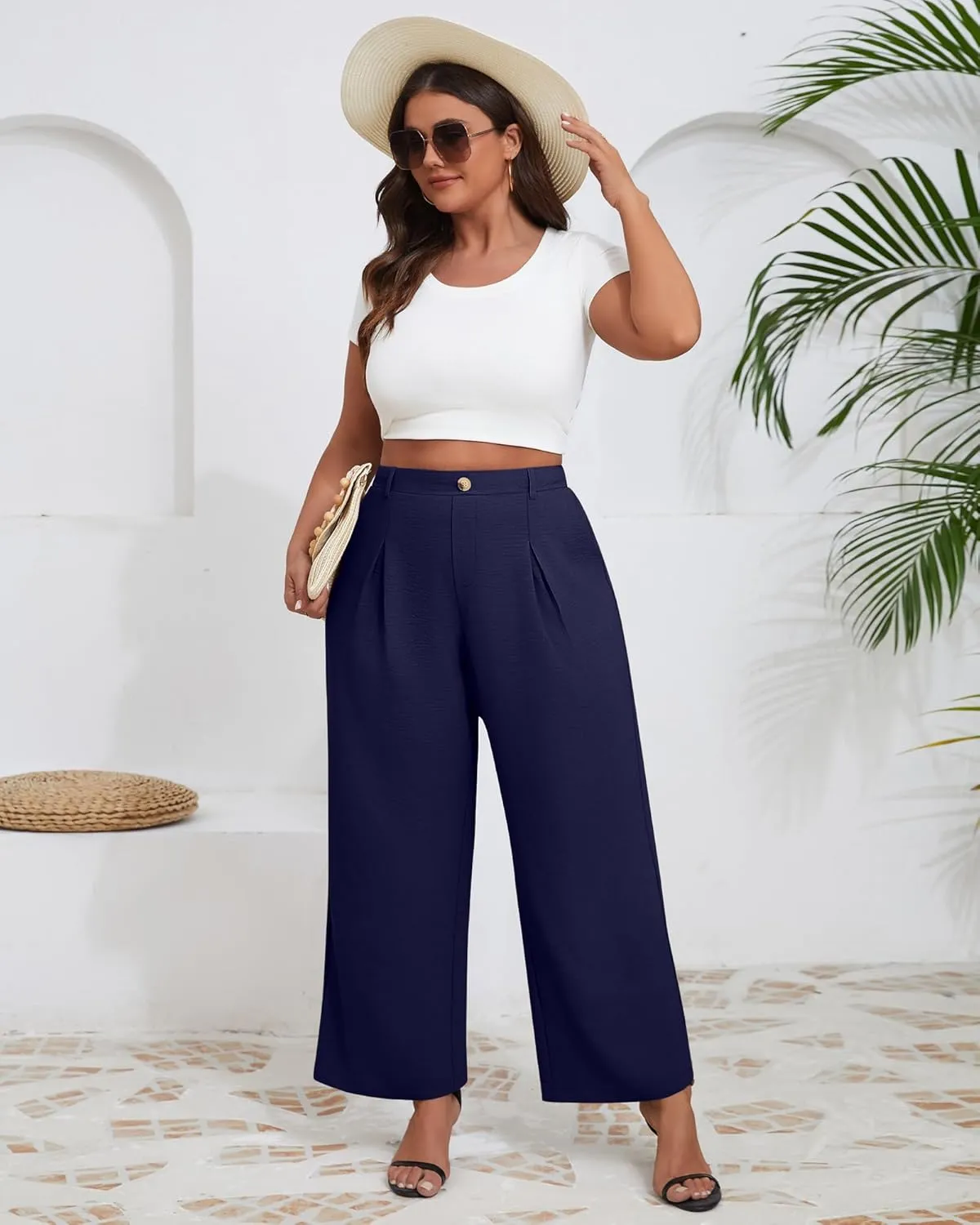 Neer Women's Plus Size Wide Leg Pants, Elastic High Waist Palazzo Pants Casual Business Trousers with Pockets