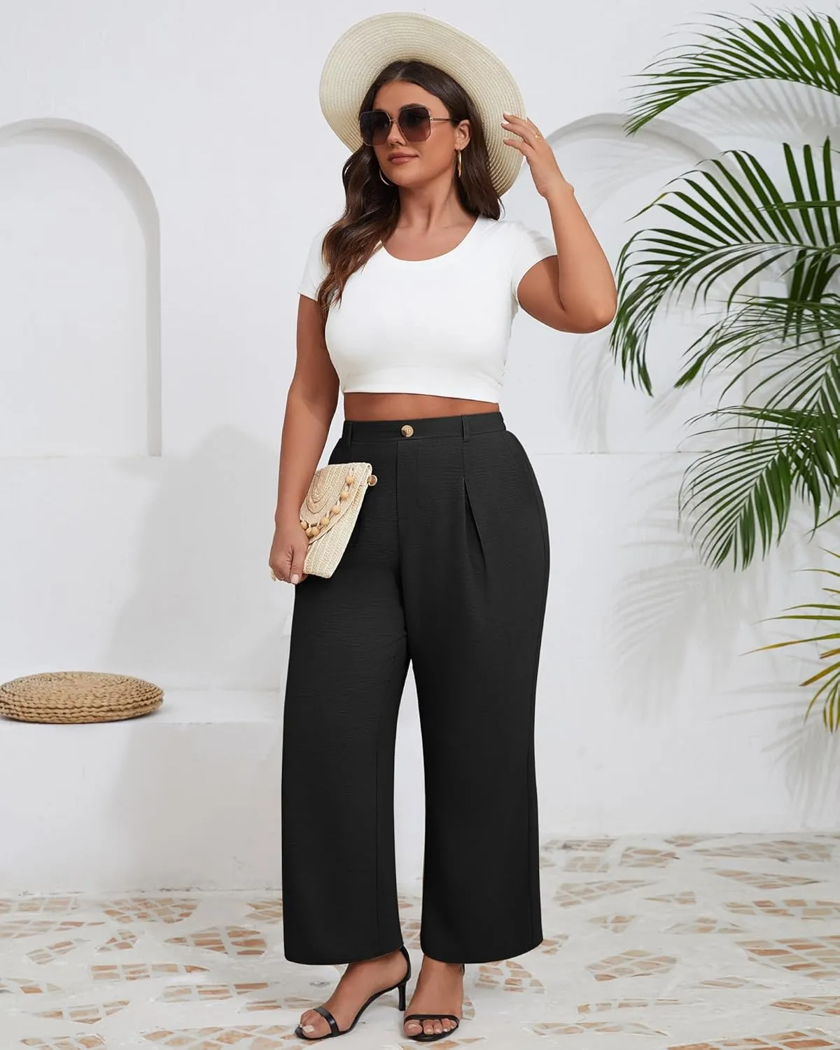 Neer Women's Plus Size Wide Leg Pants, Elastic High Waist Palazzo Pants Casual Business Trousers with Pockets