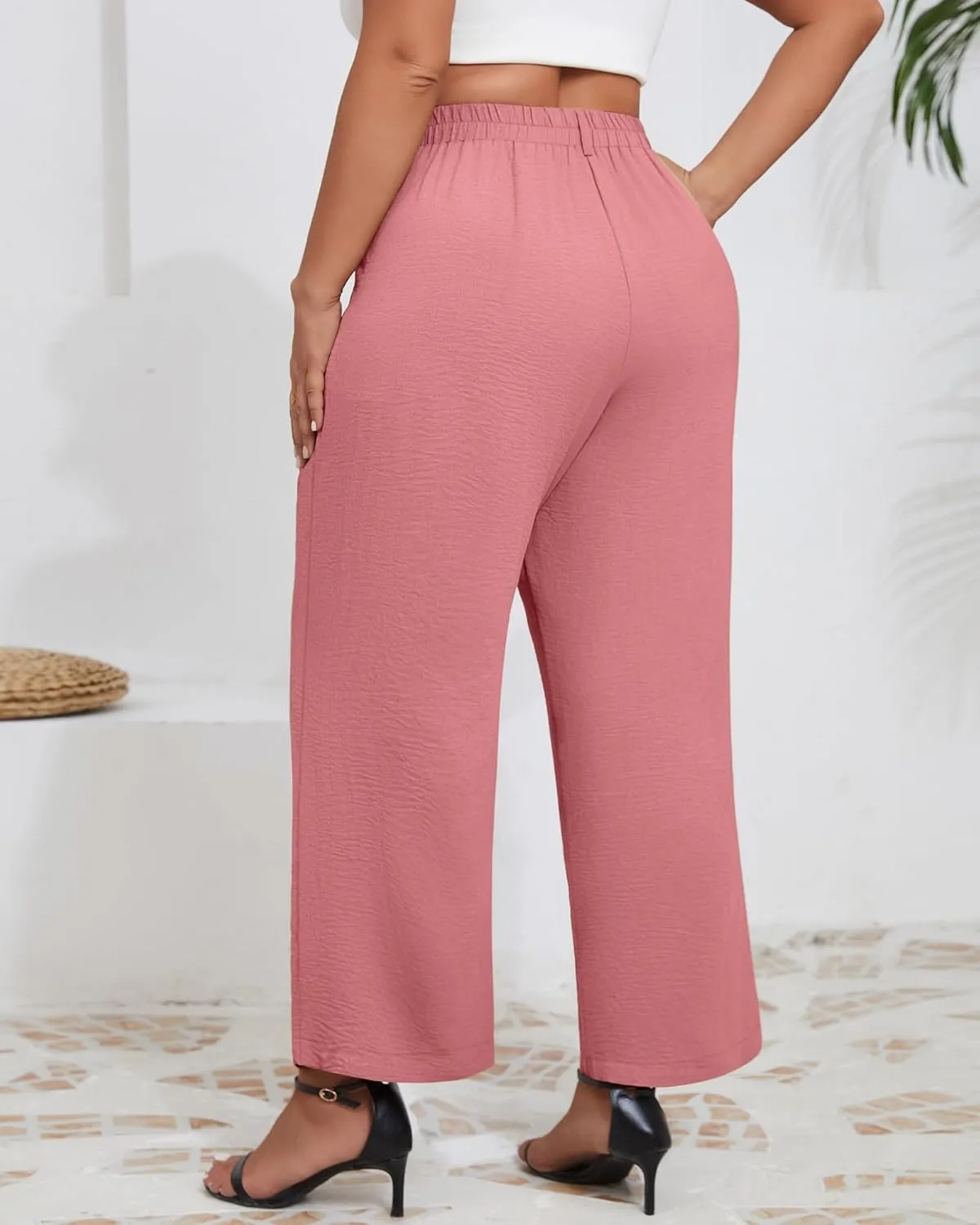 Neer Women's Plus Size Wide Leg Pants, Elastic High Waist Palazzo Pants Casual Business Trousers with Pockets