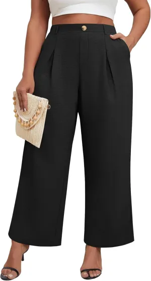 Neer Women's Plus Size Wide Leg Pants, Elastic High Waist Palazzo Pants Casual Business Trousers with Pockets