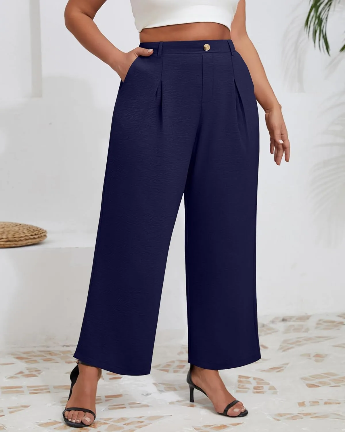 Neer Women's Plus Size Wide Leg Pants, Elastic High Waist Palazzo Pants Casual Business Trousers with Pockets