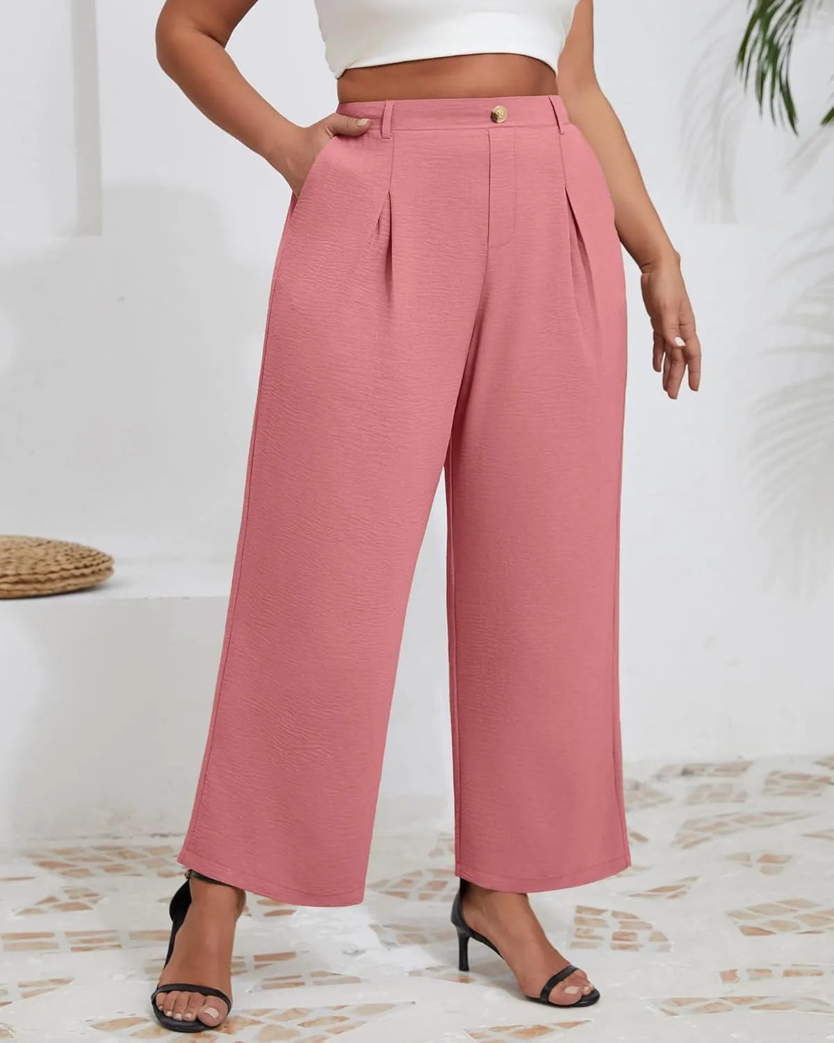 Neer Women's Plus Size Wide Leg Pants, Elastic High Waist Palazzo Pants Casual Business Trousers with Pockets