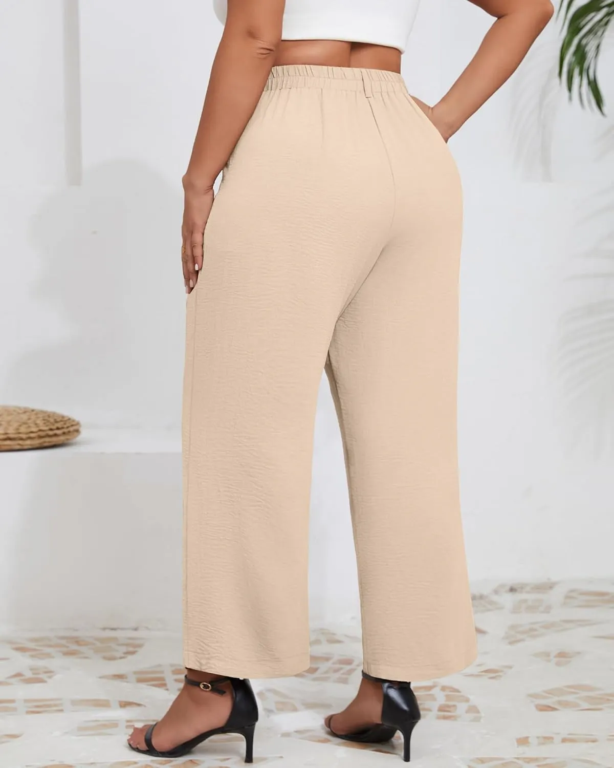 Neer Women's Plus Size Wide Leg Pants, Elastic High Waist Palazzo Pants Casual Business Trousers with Pockets