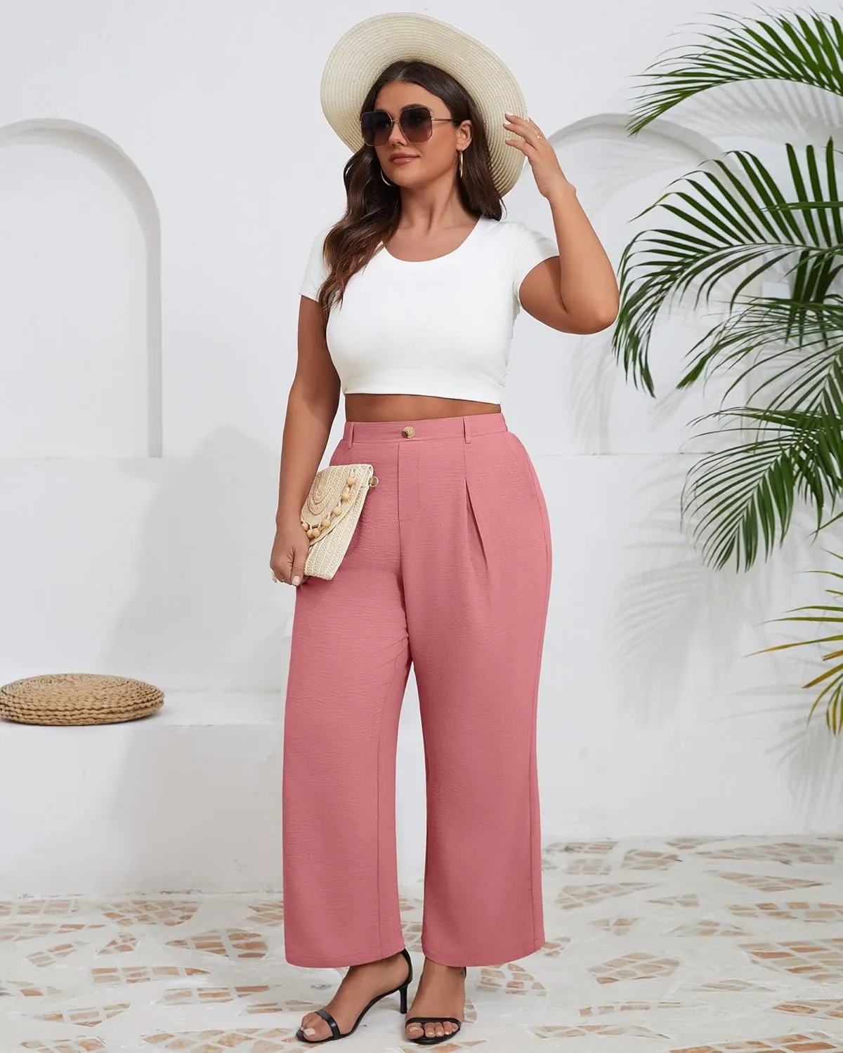 Neer Women's Plus Size Wide Leg Pants, Elastic High Waist Palazzo Pants Casual Business Trousers with Pockets