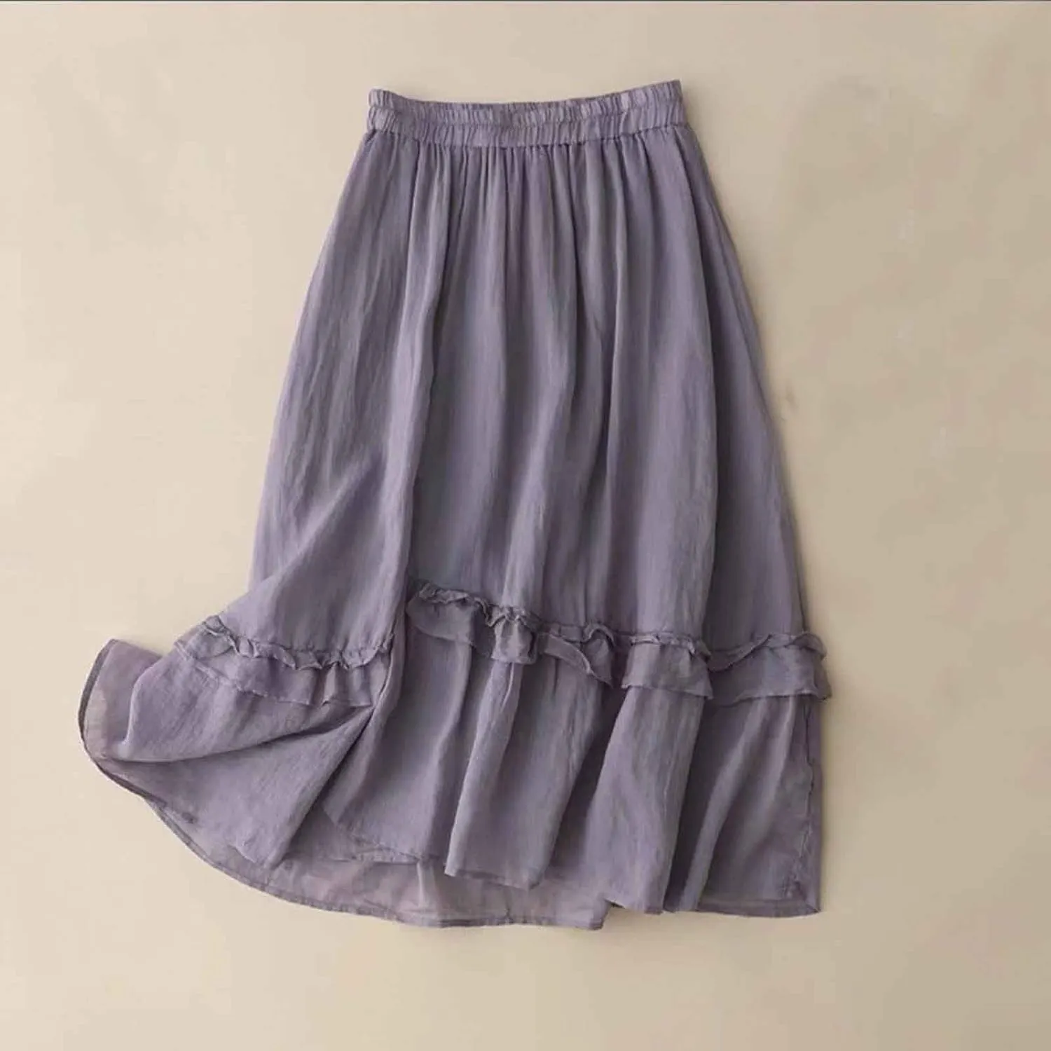 Oplxuo Women's High Rise Tiered Midi Skirt Ruffled Flowy Loose Skirt A Line Elastic Waist Solid Color Skirt