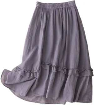 Oplxuo Women's High Rise Tiered Midi Skirt Ruffled Flowy Loose Skirt A Line Elastic Waist Solid Color Skirt