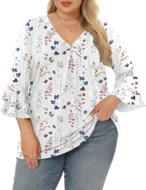 Rapbin Womens Plus Size Tops 3/4 Bell Sleeve V Neck T Shirts Cute Summer Pleated Floral Print Tunic Tops Loose Fit Blouse (White Floral 3XL)