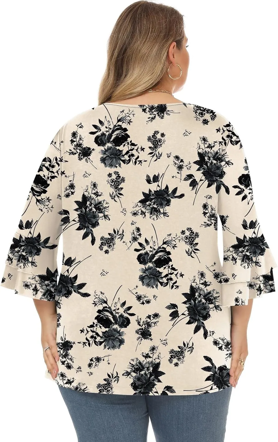 Rapbin Womens Plus Size Tops 3/4 Length Sleeve V Neck Pleated Shirts Loose Fit Tunic Blouse (1X-5X)