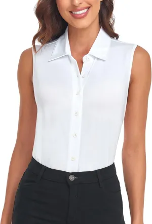 Soneven Women's Sleeveless Polo Button Down Shirt V Neck Casual Work Blouse
